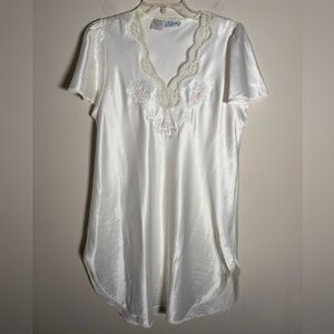 Vintage White Satin Nightgown with Floral Embroidery  Size Medium